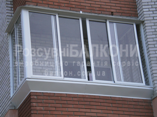 Балкон Г-образный | выравнивание и укрепление перил | 4 раздвижных окна, 2 раздвижных окна | выступ вперед и в сторону